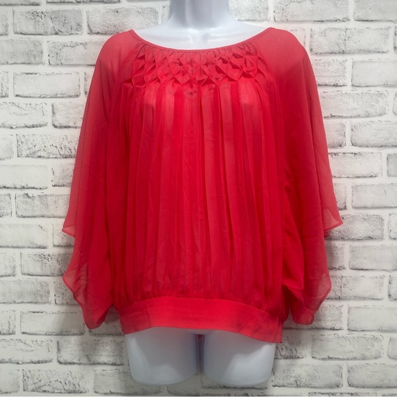 Daniel Rainn Pleated Sheer Batwing Reddish Pink Blouse Medium - Picture 1 of 8